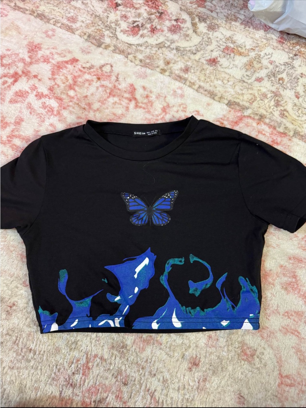 SHEIN Black Crop Tee with Blue Butterfly & Flame Print